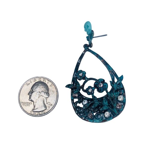 Betsey Johnson TEAL PATINA Skull Large Hoop Earrings 2" Crystal Statement - Picture 11 of 12